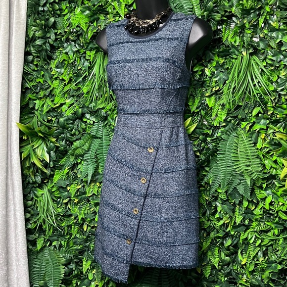 Rachel Roy Tweed Dress 0 Sleeveless Blue Button Asymmetrical Fringe Career 3014 - Picture 1 of 10